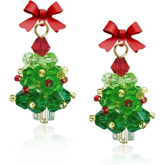 Jewelry - Women's Red Bow Handmade Beaded Green Christmas Tree Dangle Earrings Cute Bow